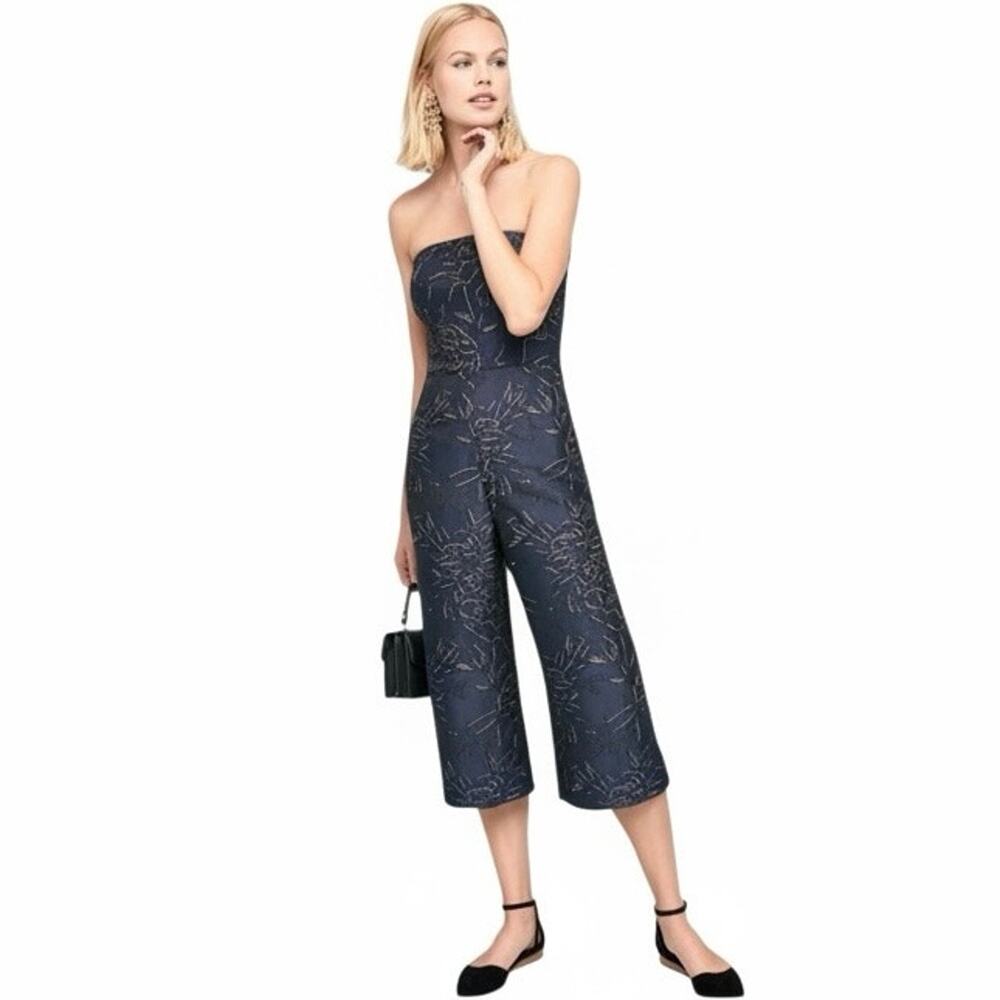ANTHROPOLOGIE HUTCH Women’s Metallic Navy Brocade Strapless Jumpsuit